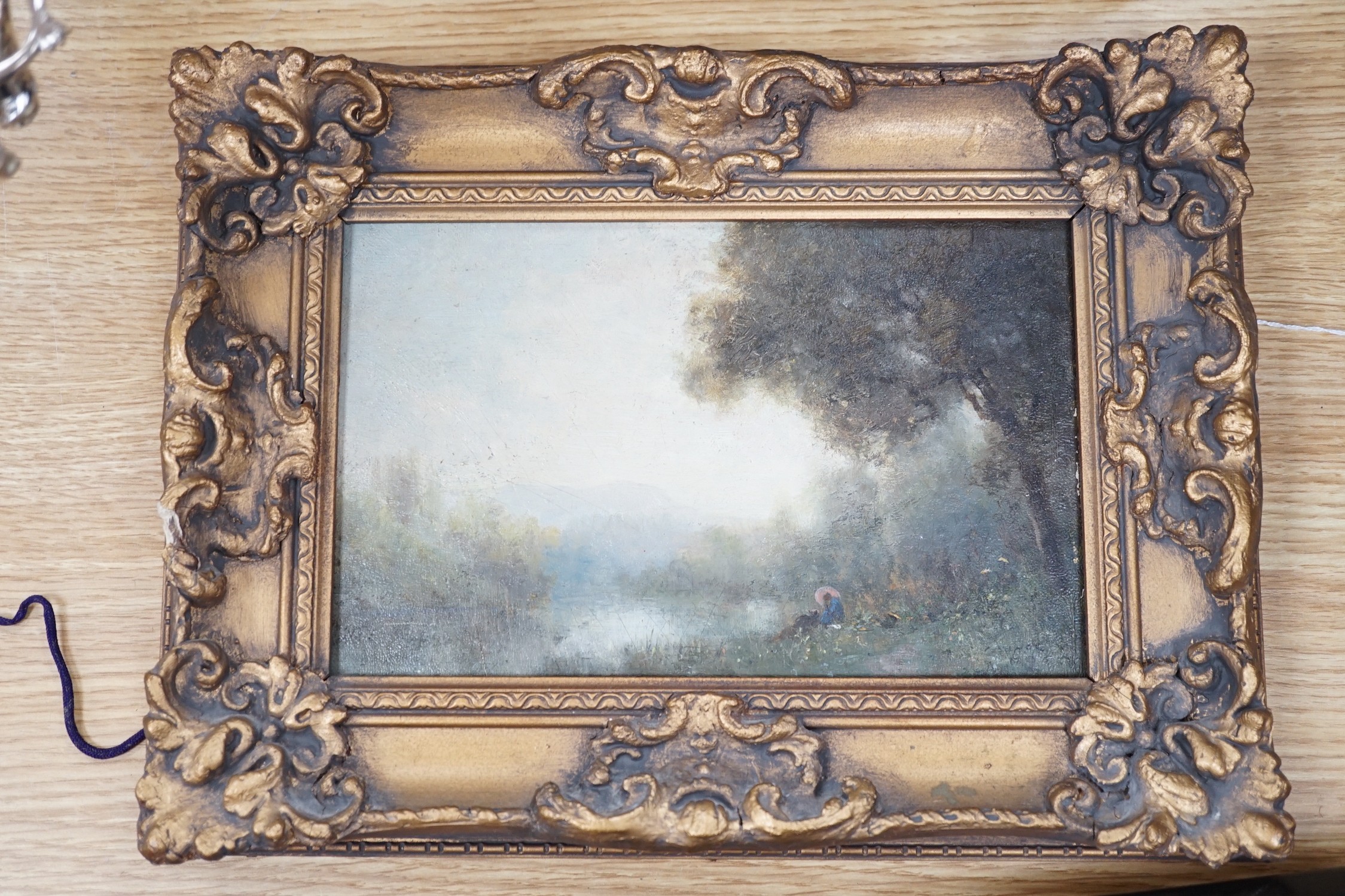 Robert Crannell Minor (American, 1839-1904), oil on panel, Ethereal river landscape, signed, 15 x 23cm